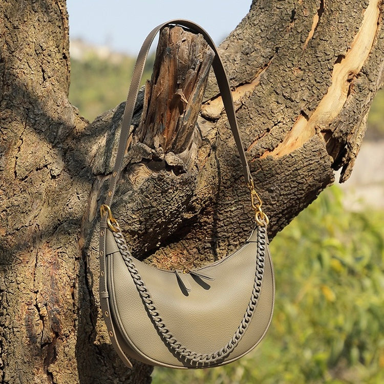 Women’s Genuine Leather Baguette Dumpling Bag with Luxe Chain
