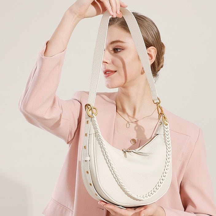 Women’s Genuine Leather Baguette Dumpling Bag with Luxe Chain