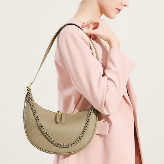 Women’s Genuine Leather Baguette Dumpling Bag with Luxe Chain