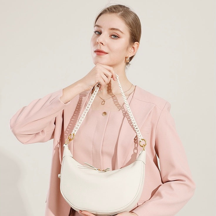 Women’s Genuine Leather Baguette Dumpling Bag with Luxe Chain