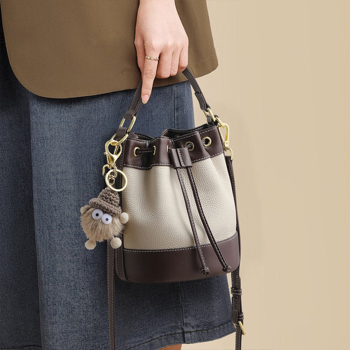 Women's Genuine Leather Pendant Decor Bucket Handbag Crossbody Bag
