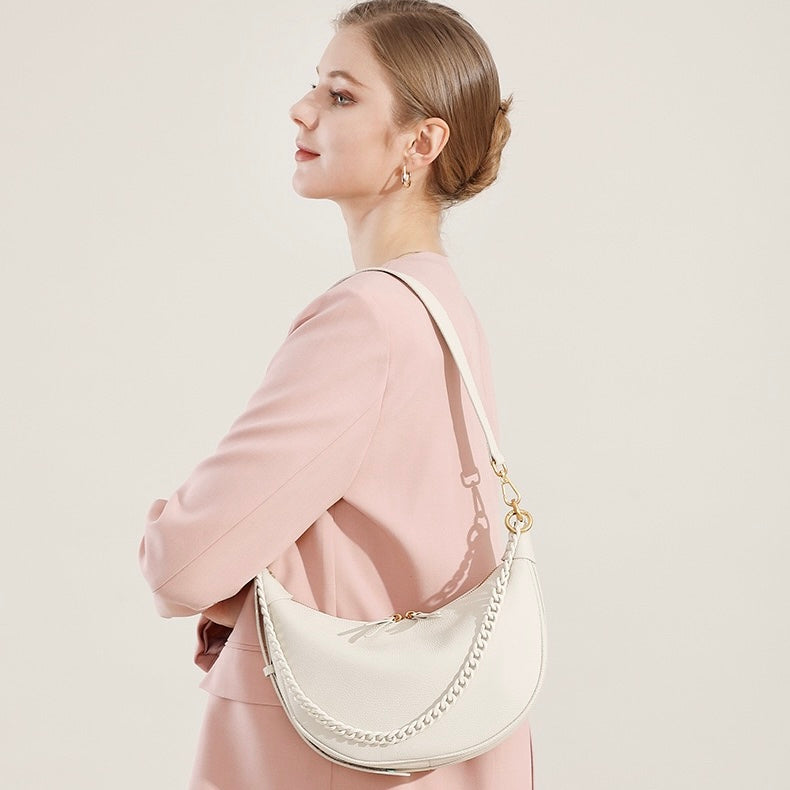 Women’s Genuine Leather Baguette Dumpling Bag with Luxe Chain