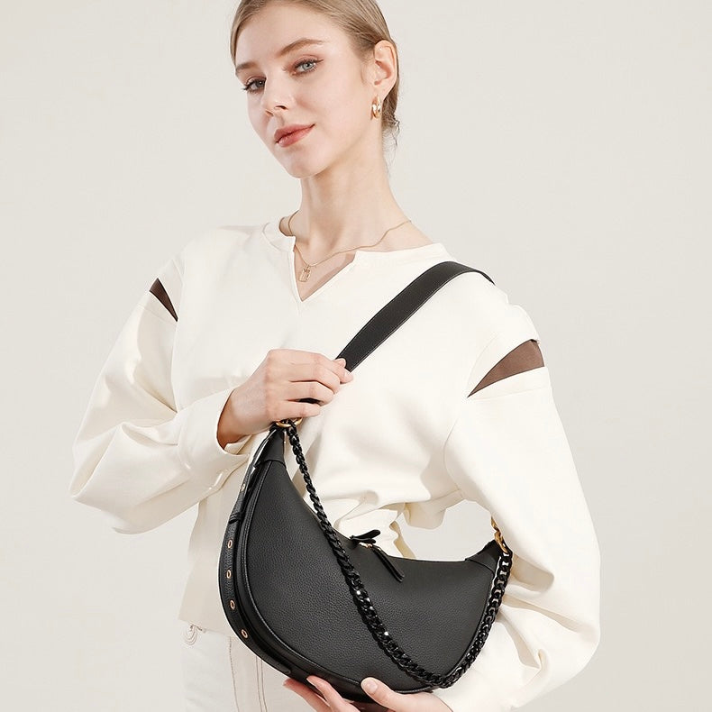 Women’s Genuine Leather Baguette Dumpling Bag with Luxe Chain