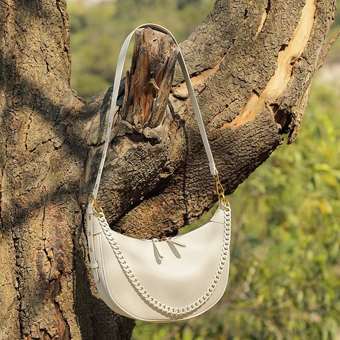 Women’s Genuine Leather Baguette Dumpling Bag with Luxe Chain