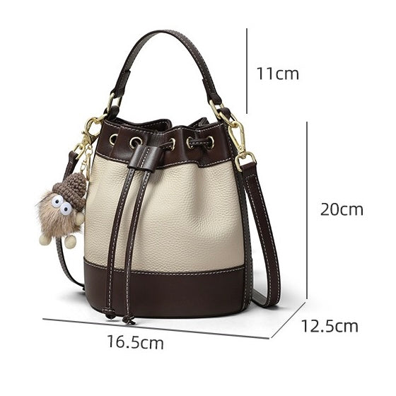 Women's Genuine Leather Pendant Decor Bucket Handbag Crossbody Bag