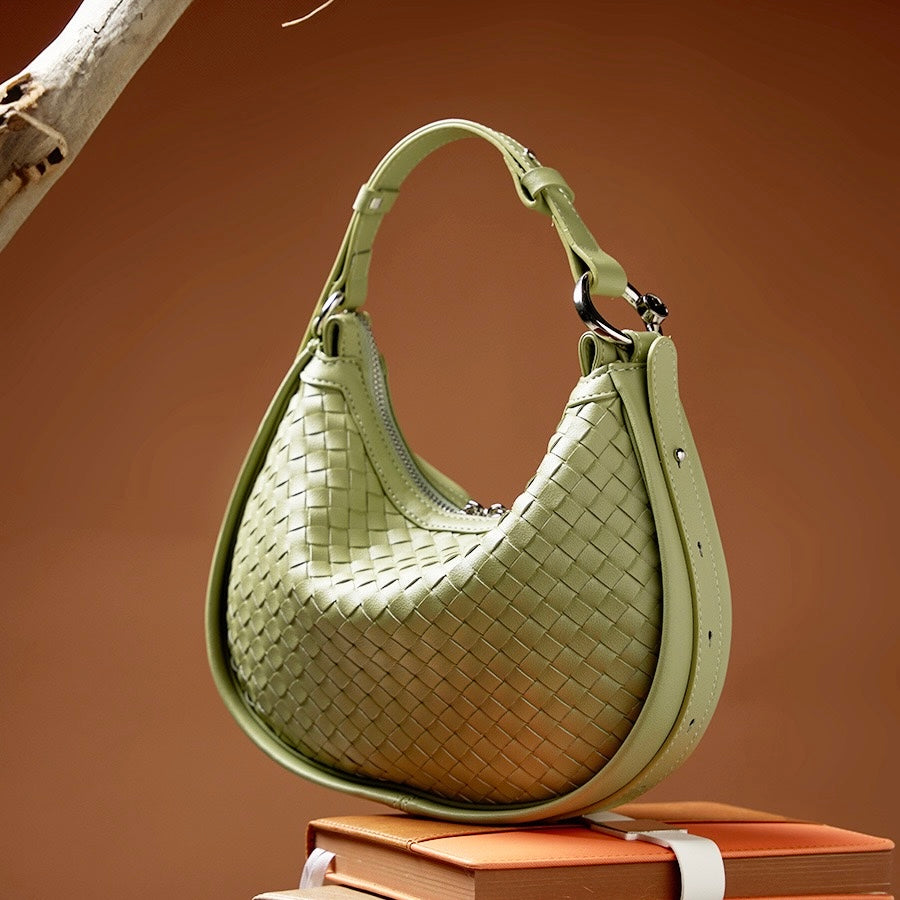 Exquisite Handwoven Women's Cowhide Crescent Moon Crossbody Bag