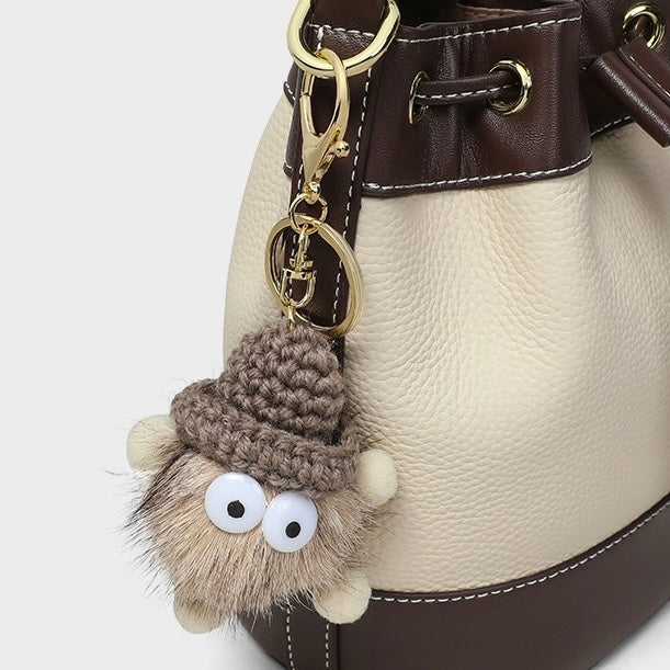 Women's Genuine Leather Pendant Decor Bucket Handbag Crossbody Bag