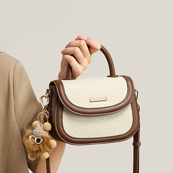 Women's Genuine Leather Color Block Furry Pendant Handbag Crossbody Bag
