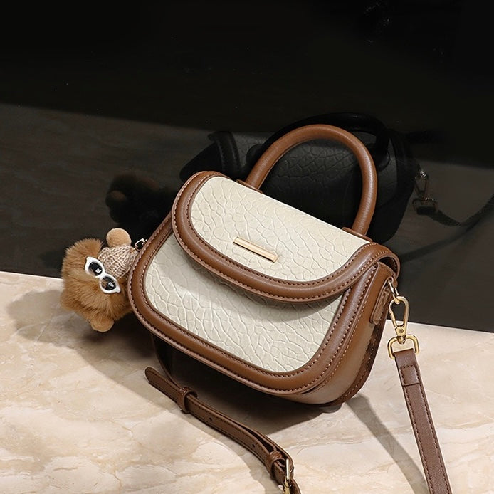 Women's Genuine Leather Color Block Furry Pendant Handbag Crossbody Bag