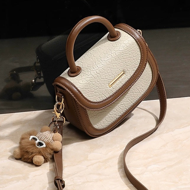 Women's Genuine Leather Color Block Furry Pendant Handbag Crossbody Bag