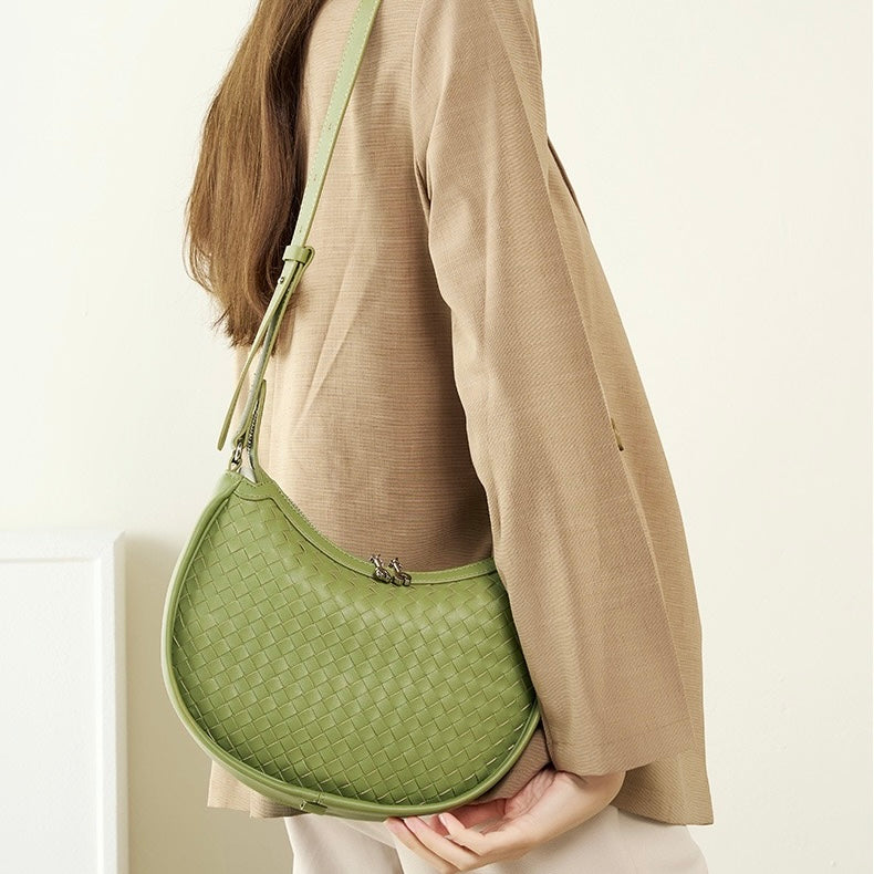 Exquisite Handwoven Women's Cowhide Crescent Moon Crossbody Bag