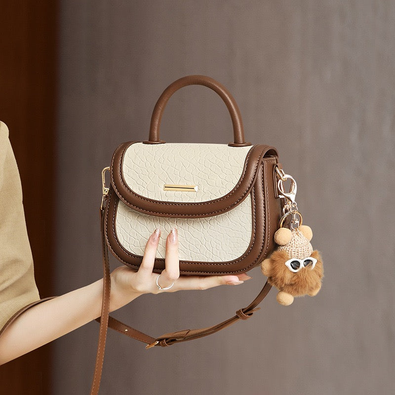 Women's Genuine Leather Color Block Furry Pendant Handbag Crossbody Bag