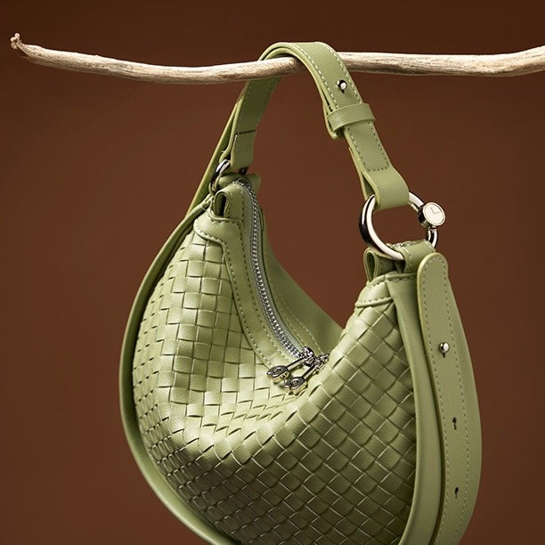 Exquisite Handwoven Women's Cowhide Crescent Moon Crossbody Bag