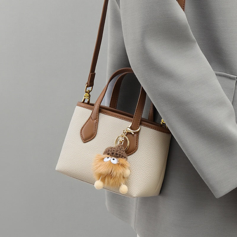 Women’s Genuine Leather Cute Mini Pom Pom Bucket Crossbody Handbag