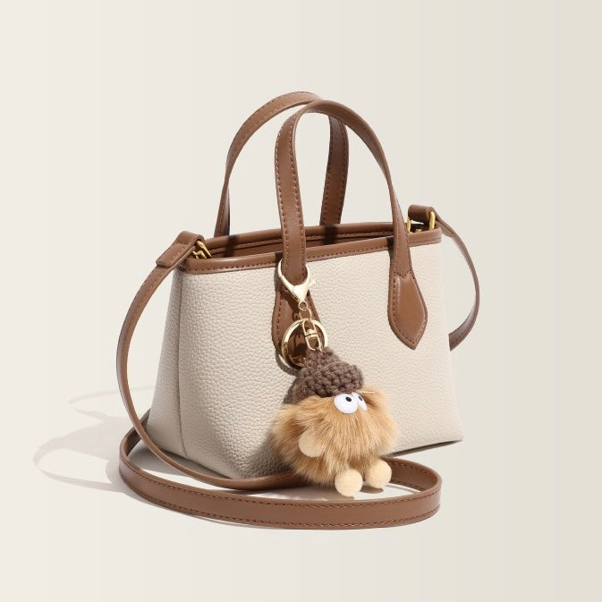 Women’s Genuine Leather Cute Mini Pom Pom Bucket Crossbody Handbag