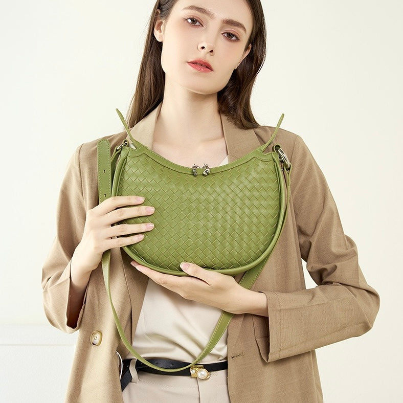 Exquisite Handwoven Women's Cowhide Crescent Moon Crossbody Bag