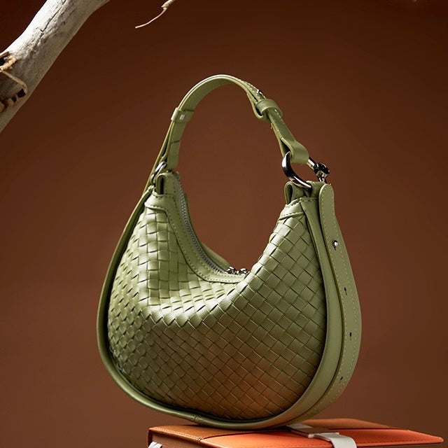 Exquisite Handwoven Women's Cowhide Crescent Moon Crossbody Bag