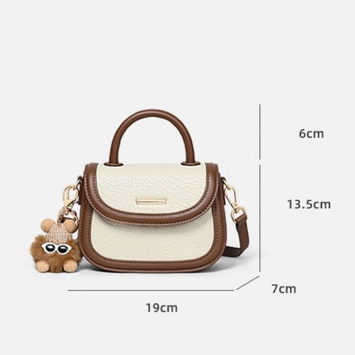 Women's Genuine Leather Color Block Furry Pendant Handbag Crossbody Bag