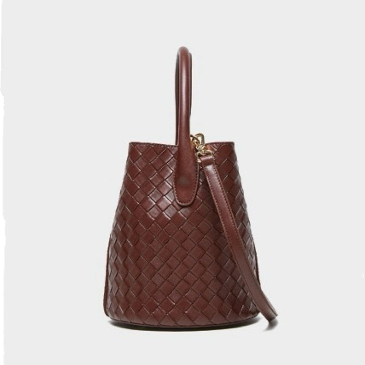 Women’s Luxury Genuine Leather Woven Bucket Crossbody Handbag