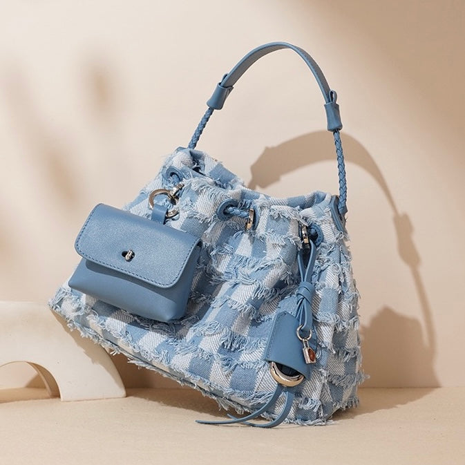 Women’s Genuine Leather & Denim Colorblock Crossbody Shoulder Bag