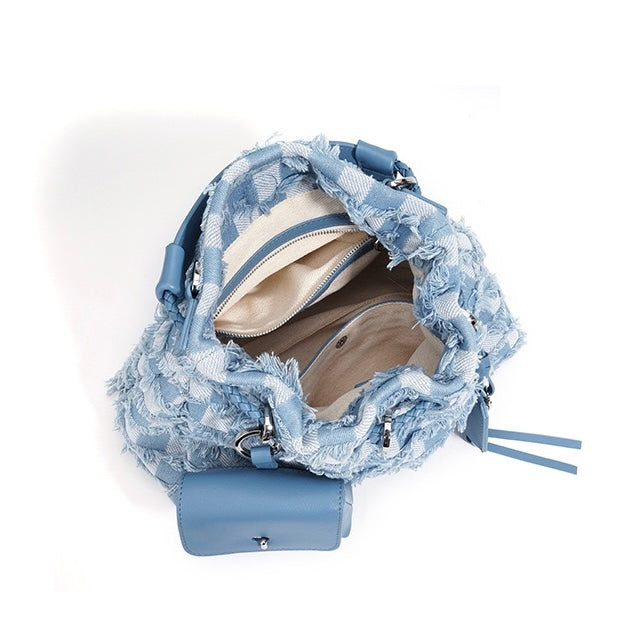 Women’s Genuine Leather & Denim Colorblock Crossbody Shoulder Bag