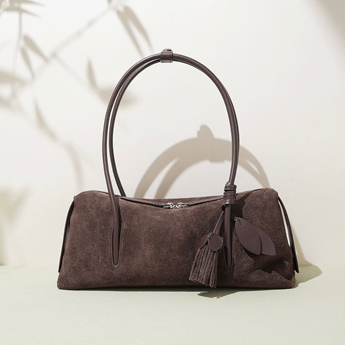 Matte Genuine Leather Tassel Pendant Shoulder Pillow Bag