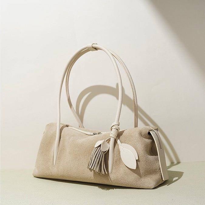 Matte Genuine Leather Tassel Pendant Shoulder Pillow Bag