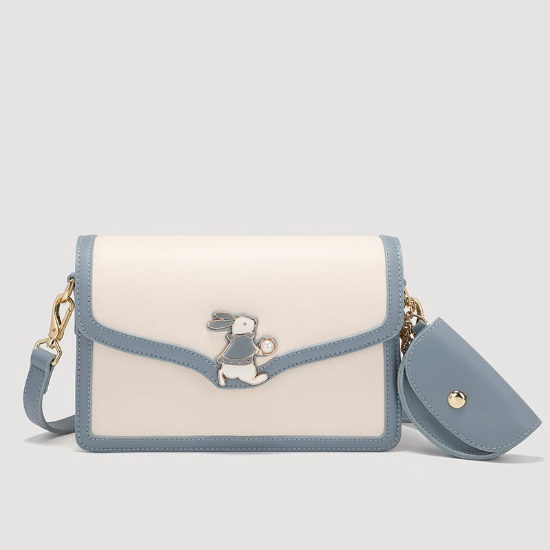 Women’s Genuine Leather Blue White Color Block Rabbit Small Square Bag