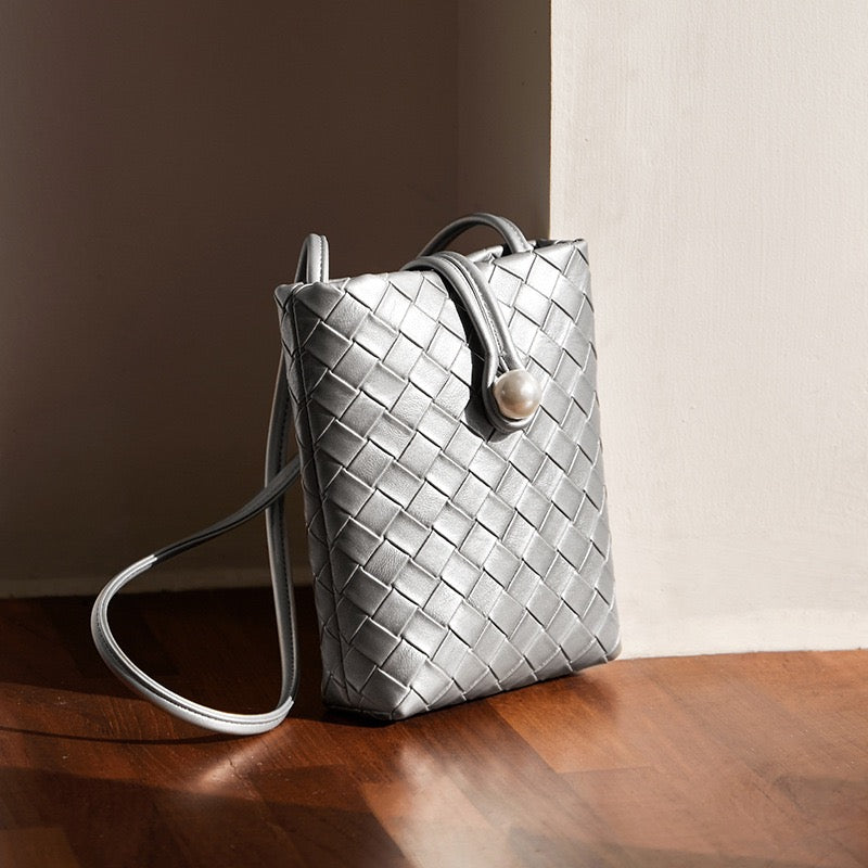 Pearl Button Women's Genuine Leather Woven Crossbody Phone Bag