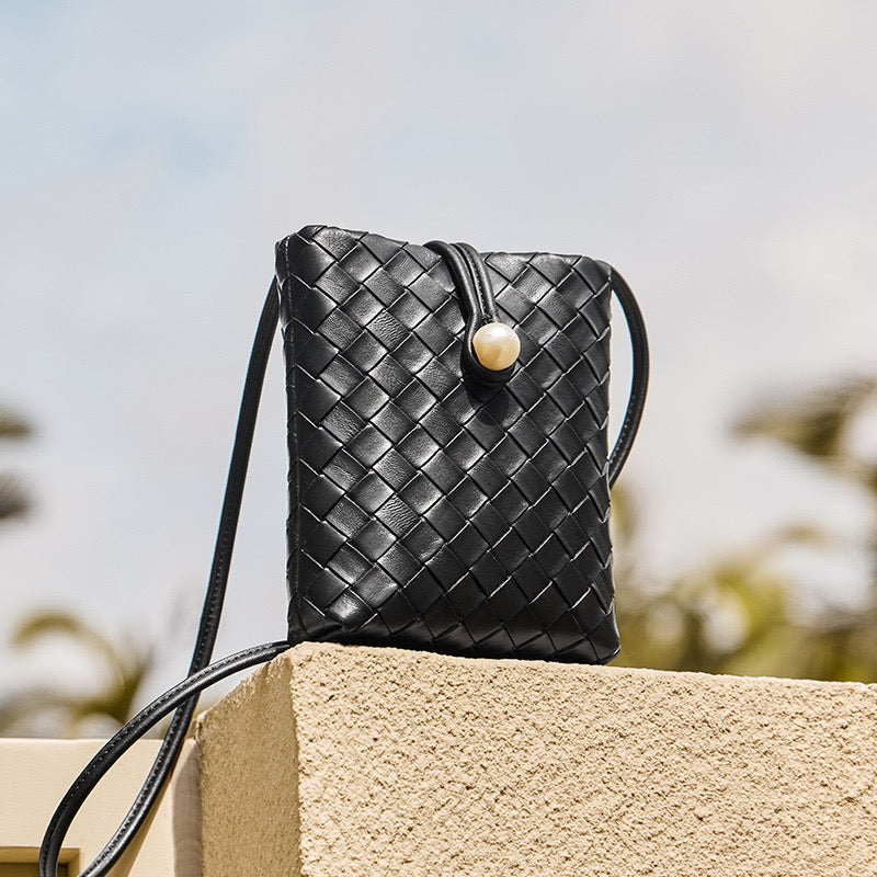 Pearl Button Women's Genuine Leather Woven Crossbody Phone Bag