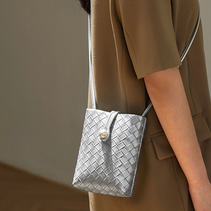 Pearl Button Women's Genuine Leather Woven Crossbody Phone Bag