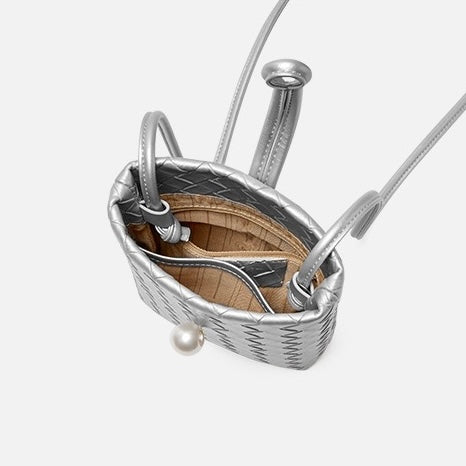 Pearl Button Women's Genuine Leather Woven Crossbody Phone Bag