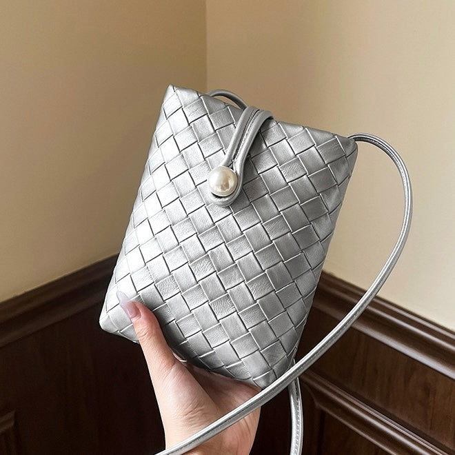 Pearl Button Women's Genuine Leather Woven Crossbody Phone Bag