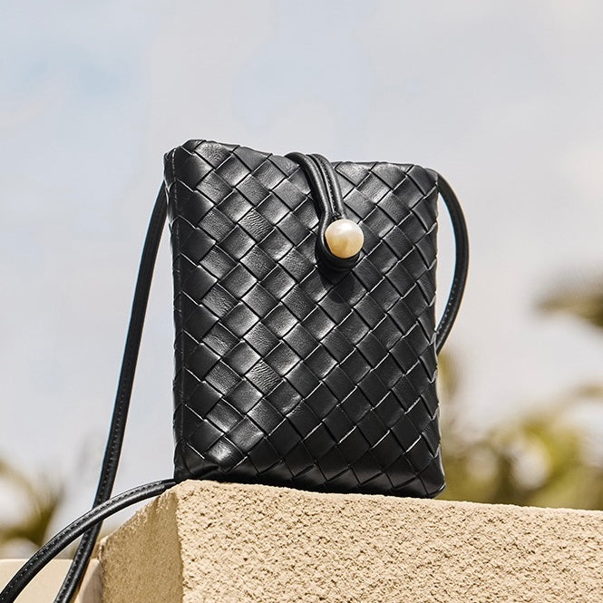 Pearl Button Women's Genuine Leather Woven Crossbody Phone Bag