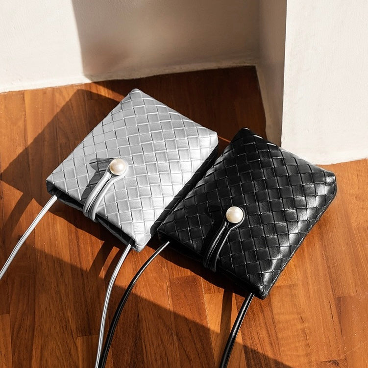 Pearl Button Women's Genuine Leather Woven Crossbody Phone Bag