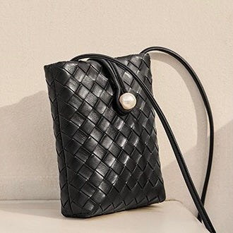 Pearl Button Women's Genuine Leather Woven Crossbody Phone Bag