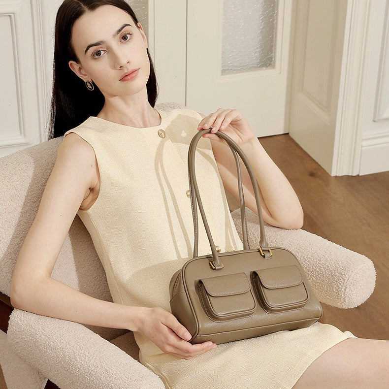 Vintage Women's Genuine Leather Bowling Bag Shoulder Bag