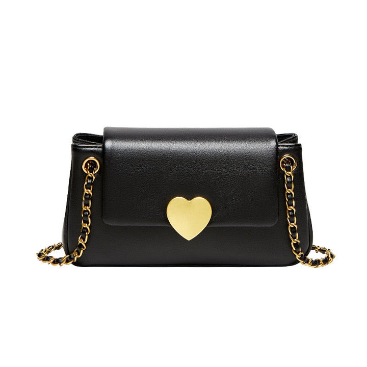 Women's Genuine Leather Chain Shoulder Crossbody Bag with Heart - Shaped Buckle