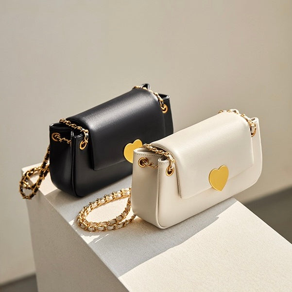Women's Genuine Leather Chain Shoulder Crossbody Bag with Heart - Shaped Buckle