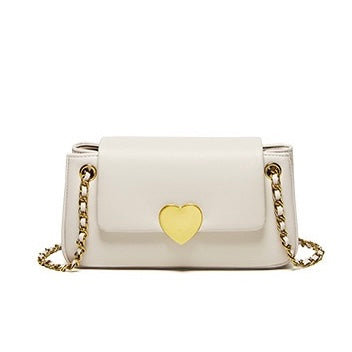 Women's Genuine Leather Chain Shoulder Crossbody Bag with Heart - Shaped Buckle
