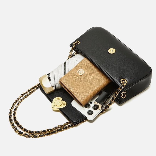 Women's Genuine Leather Chain Shoulder Crossbody Bag with Heart - Shaped Buckle