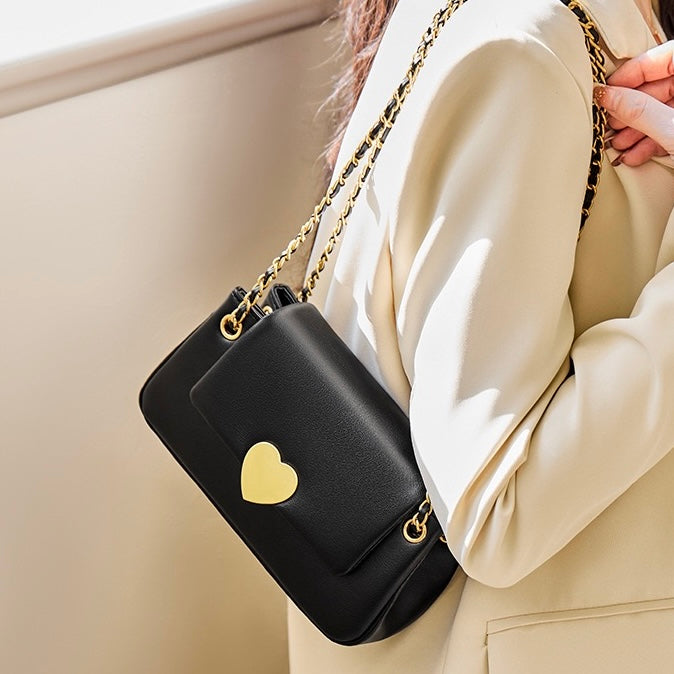 Women's Genuine Leather Chain Shoulder Crossbody Bag with Heart - Shaped Buckle