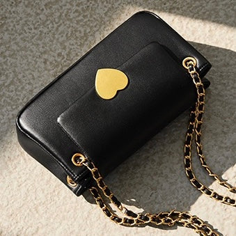 Women's Genuine Leather Chain Shoulder Crossbody Bag with Heart - Shaped Buckle