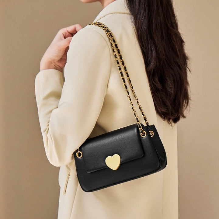 Women's Genuine Leather Chain Shoulder Crossbody Bag with Heart - Shaped Buckle