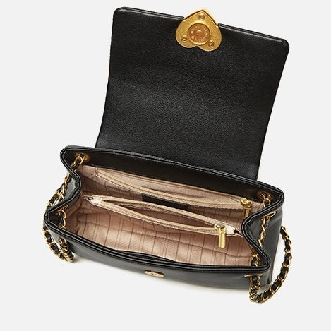 Women's Genuine Leather Chain Shoulder Crossbody Bag with Heart - Shaped Buckle