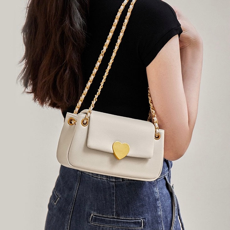 Women's Genuine Leather Chain Shoulder Crossbody Bag with Heart - Shaped Buckle