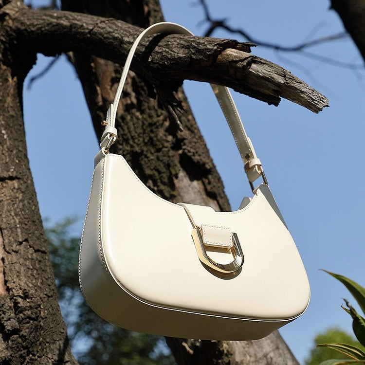 Women’s Soft Top-Grain Leather Baguette Shoulder Bag in Minimalist Commuter Style