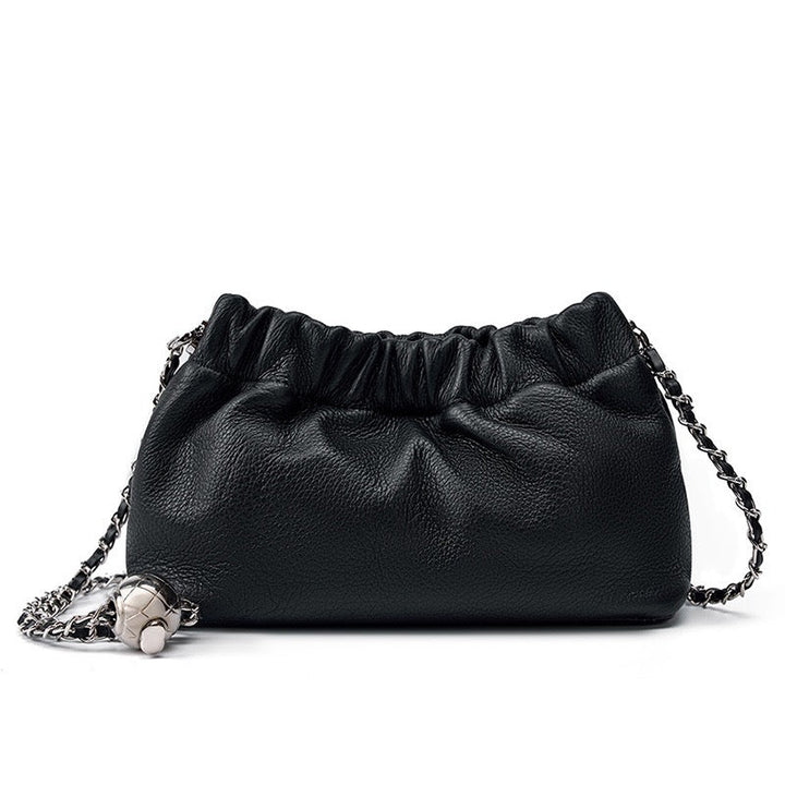 Luxury Women's Cloud Pleated Genuine Leather Shoulder Crossbody Bag with Golden Ball Chain