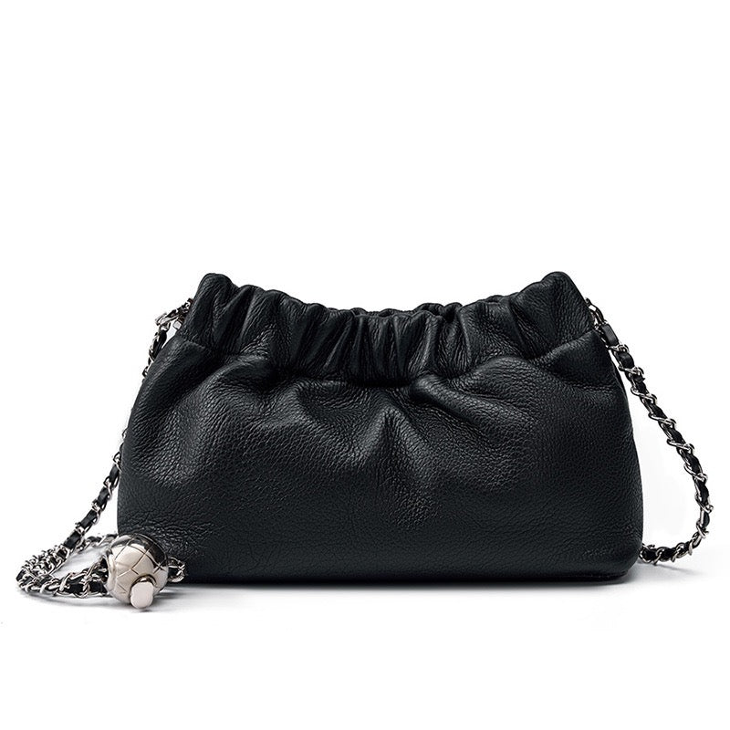 Luxury Women's Cloud Pleated Genuine Leather Shoulder Crossbody Bag with Golden Ball Chain