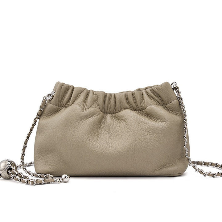 Luxury Women's Cloud Pleated Genuine Leather Shoulder Crossbody Bag with Golden Ball Chain